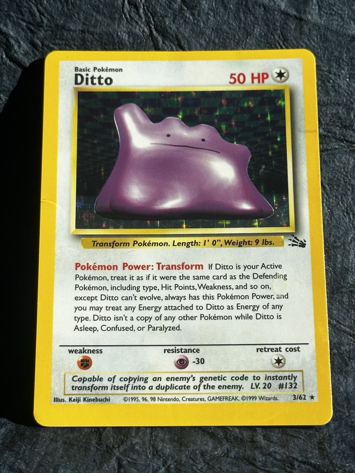 1999 Pokémon Ditto 3/62 Wizards of the Coast Fossil Holo Rare Unlimited - MP