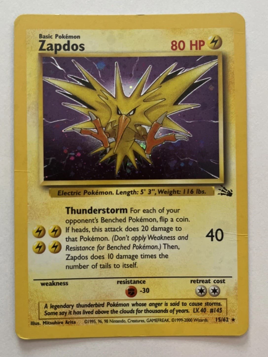 Zapdos 15/62 Fossil Unlimited Holo - Pokemon TCG WOTC - Vintage MP