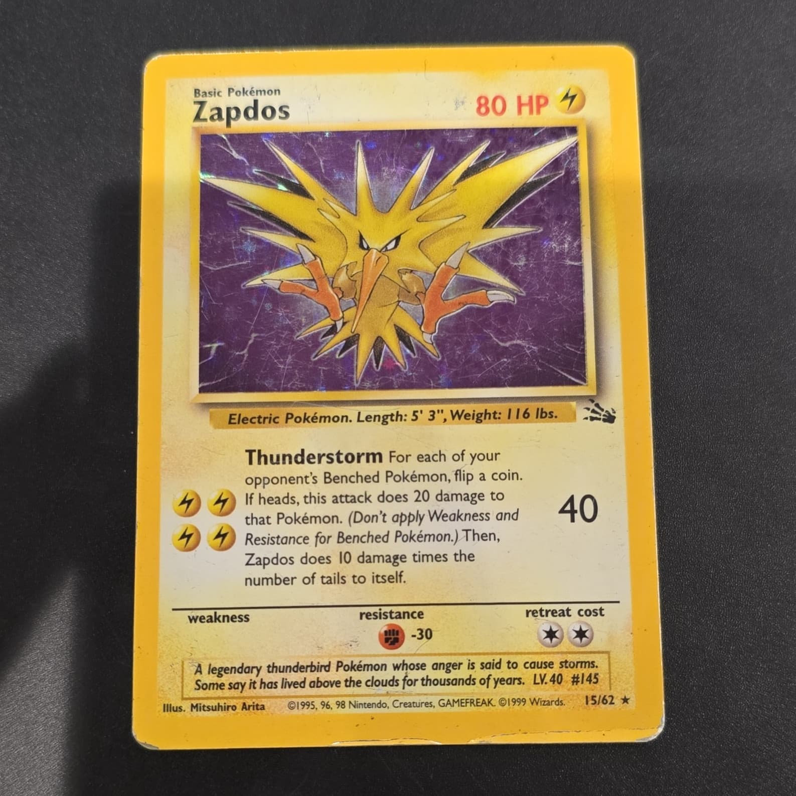 Pokémon Zapdos Fossil 15/62 Holo Rare Unlimited 80 HP English Wizards 1999