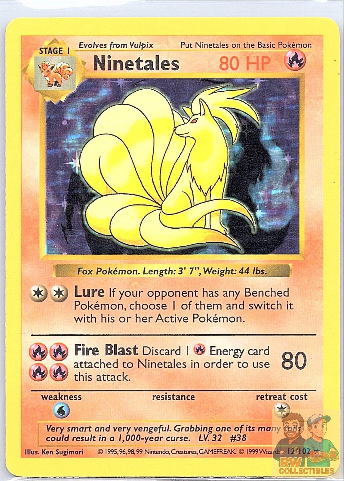Ninetales 12/102 Holo Holo Rare Base Set Shadowless Pokemon Unlimited Holo MP