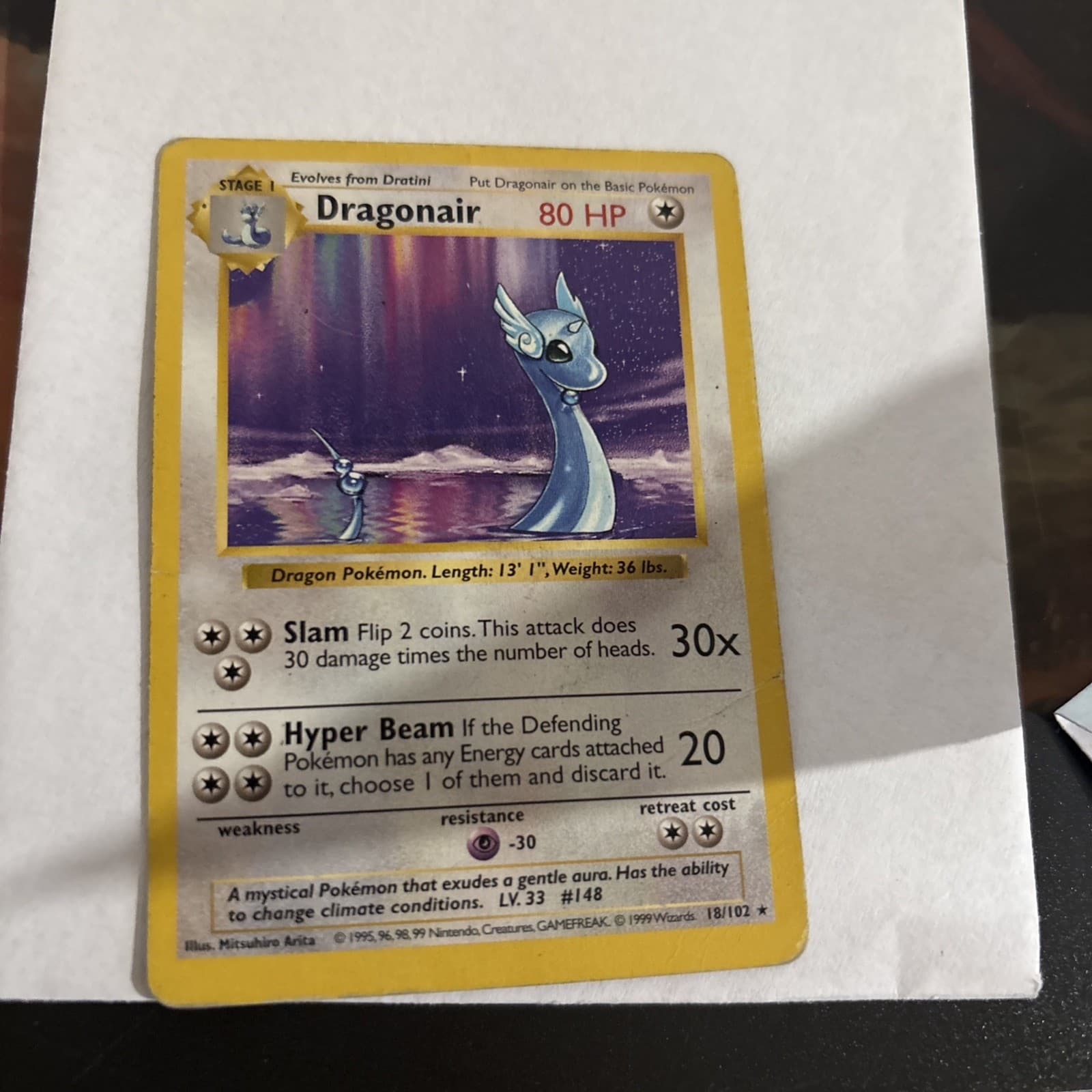 Base Set 1. Rare Shadowless Dragonair (80hp) card # 18/102 Heavy played
