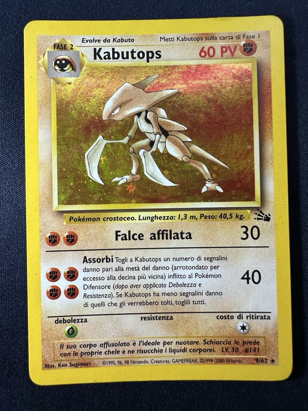 Italian Kabutops 9/62 Fossil Holo Rare Unlimited 1999 Pokémon TCG MP Free Ship B