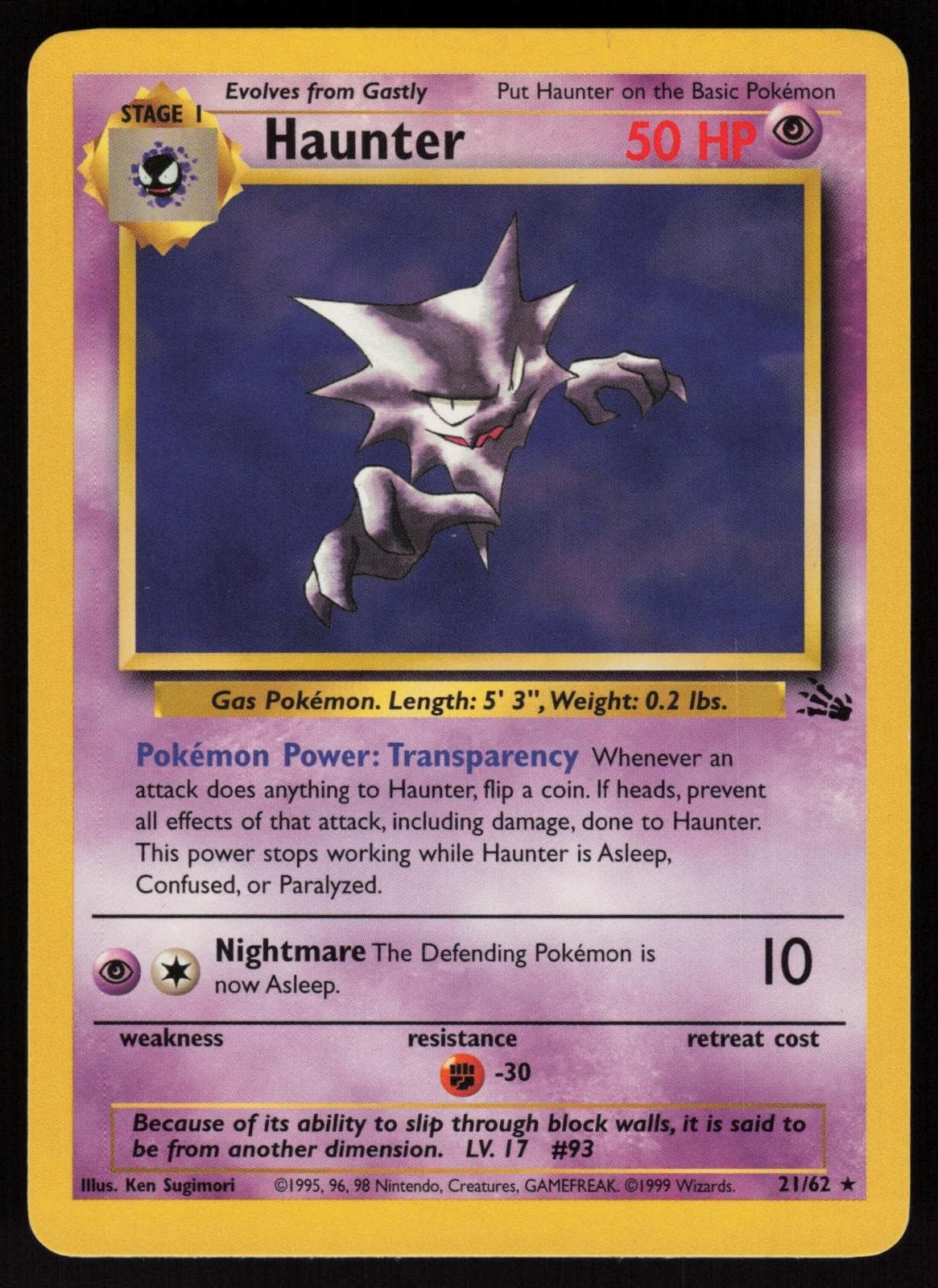 Haunter 21/62 Rare Fossil Pokemon Unlimited Near Mint