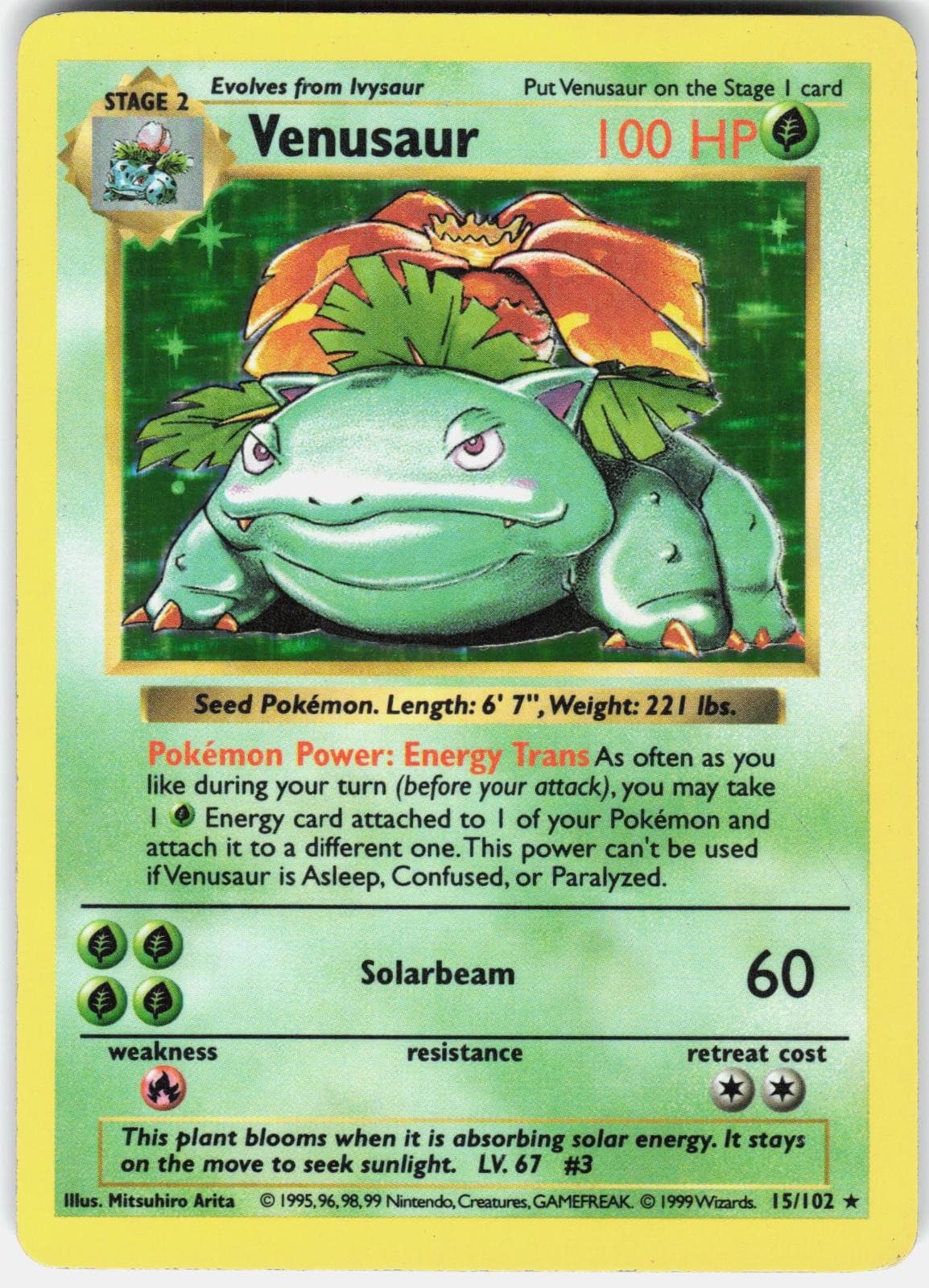 Pokemon Venusaur 15/102 Holo Holo Rare Base Set Shadowless Pokemon MP