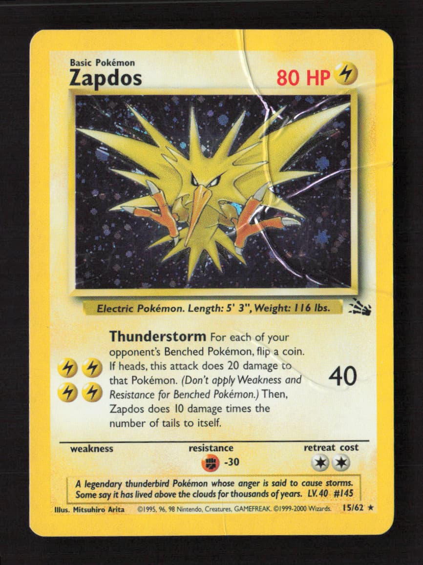 Zapdos (15) Holo Rare Unlimited Holo Fossil 15/62 HP Pokémon TCG