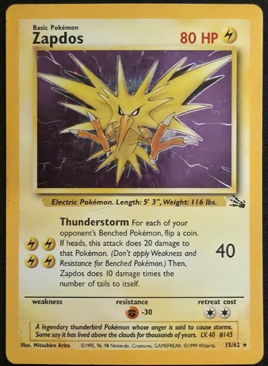 Zapdos 15/62 Holo Pokémon Fossil Unlimited HP