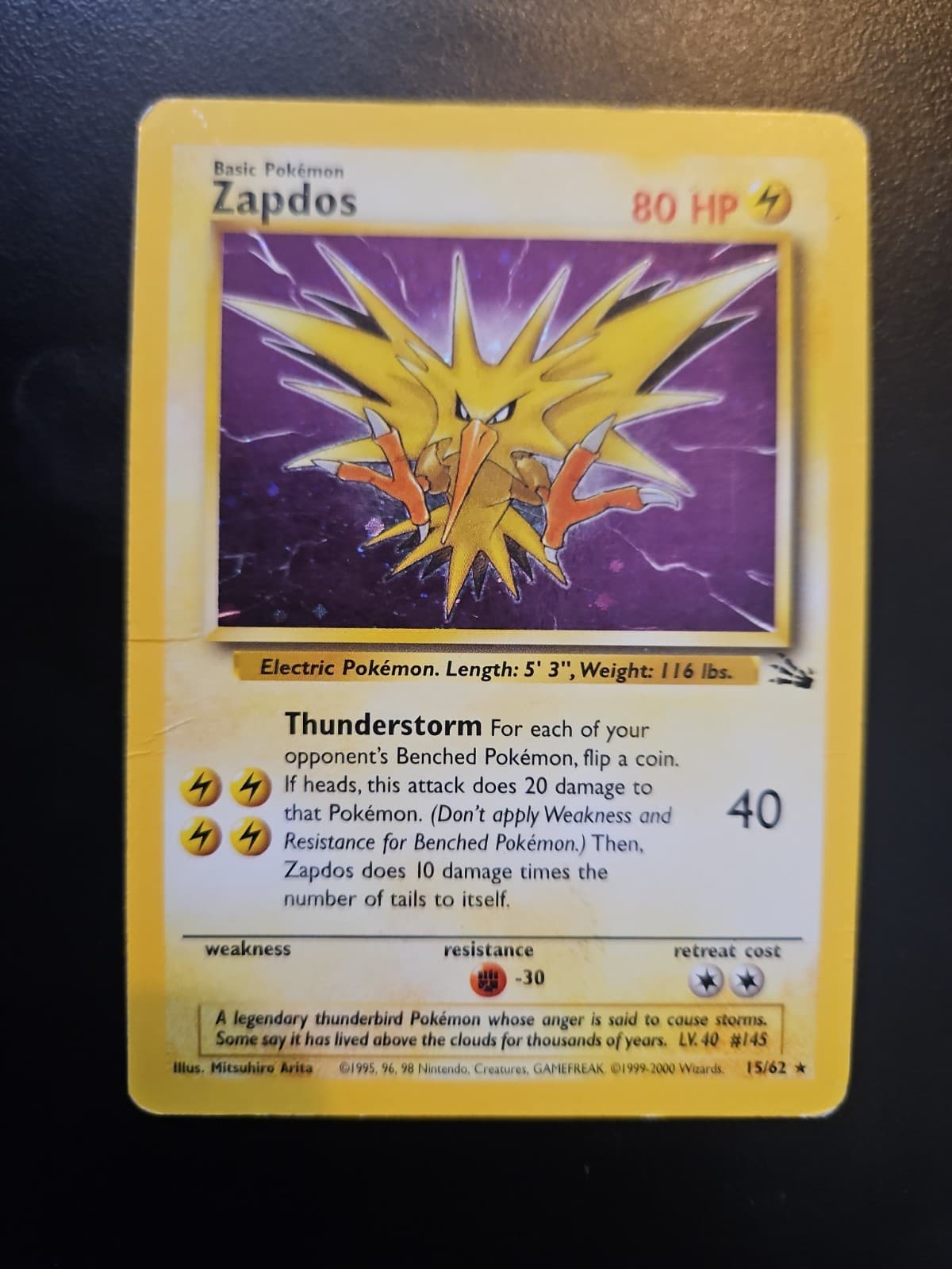 Pokémon TCG Zapdos Fossil Holo Unlimited Rare Card 15/62 Vintage HP