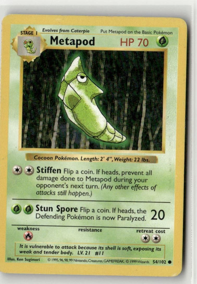 1999 Pokemon Classic - Base Set Vintage SHADOWLESS WotC Metapod #54/102