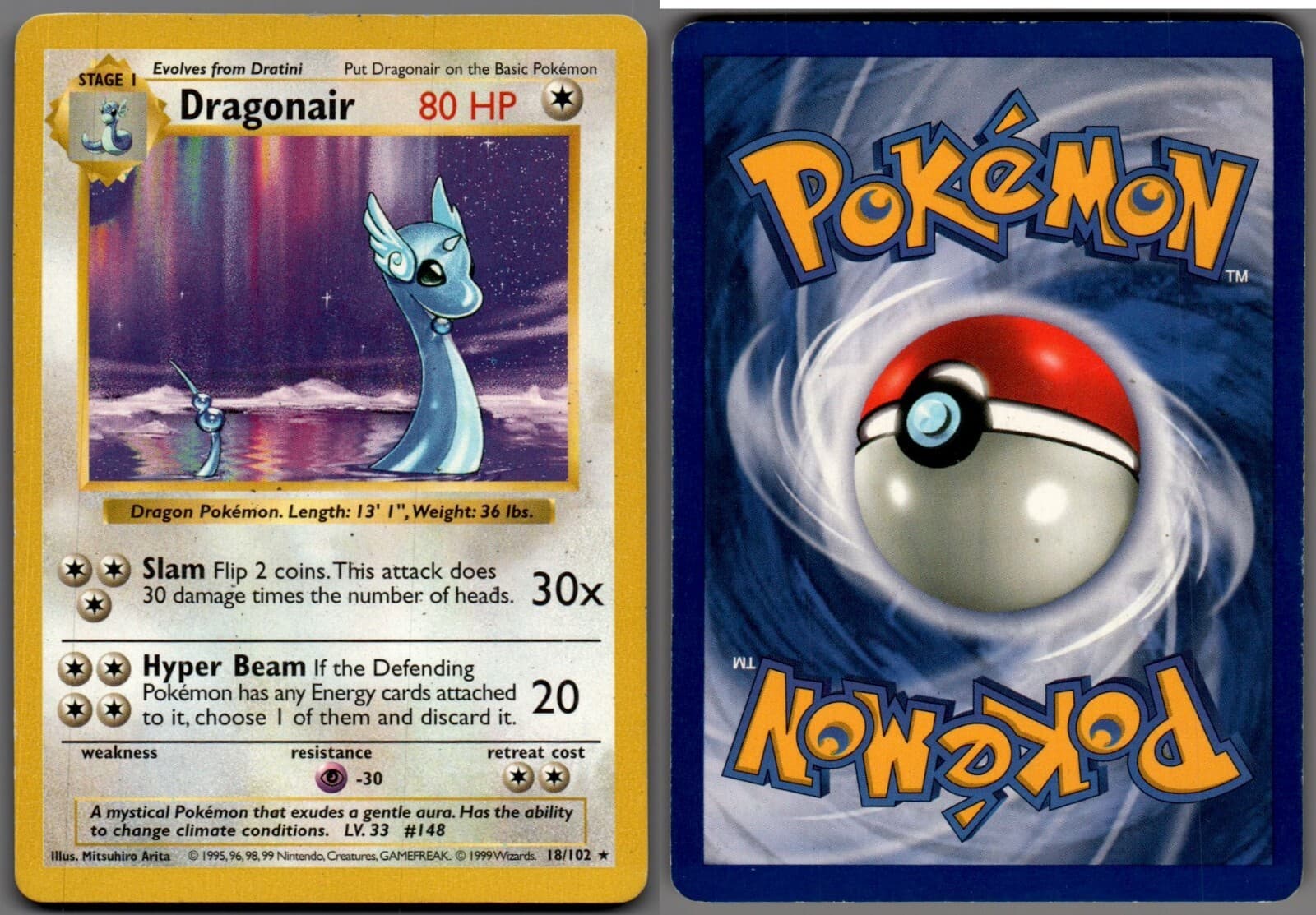 1999 Pokemon, Base Set Shadowless, #18/102 Dragonair, Rare (b)