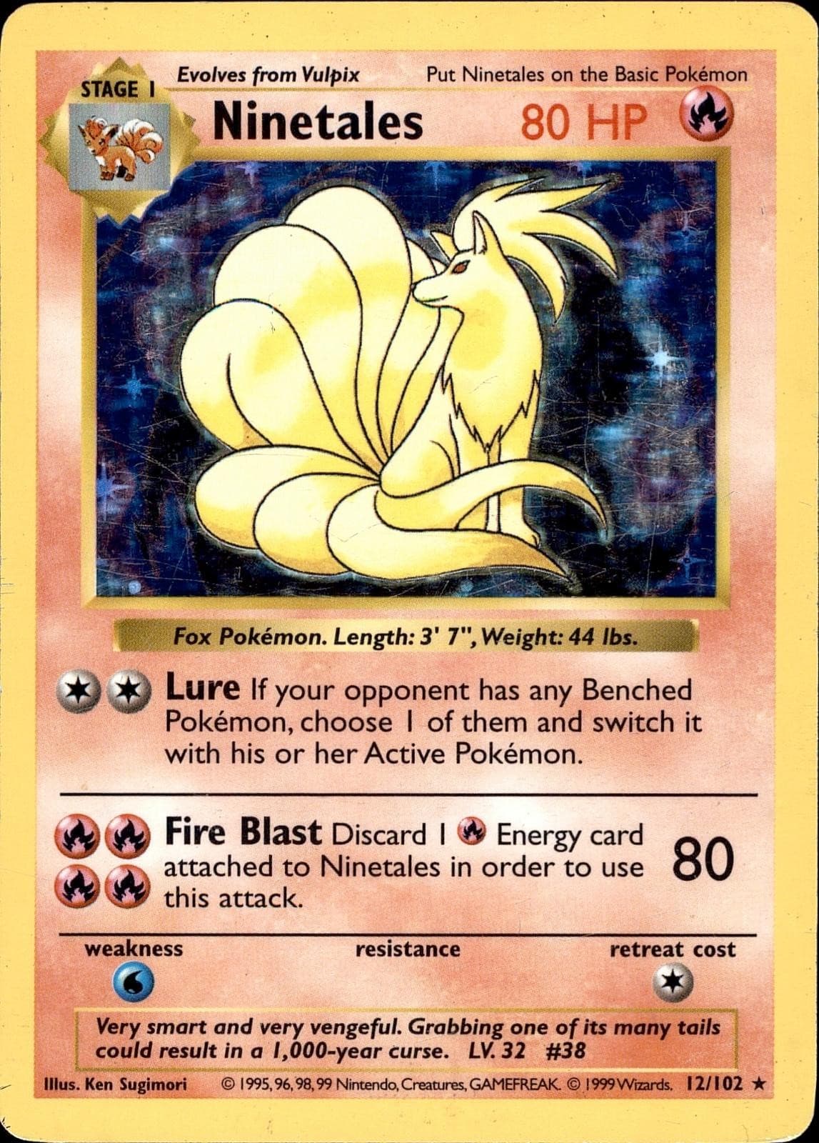 POKEMON NINETALES 12 BASE SET SHADOWLESS 102 HOLO HOLO RARE UNLIMITED HOLO MP