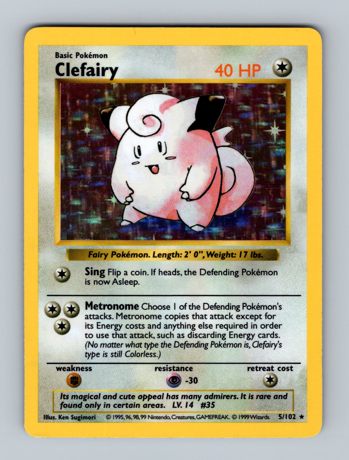 Clefairy 5/102 Base Set Shadowless Moderatly Played Holo Rare MP Pokemon 1999