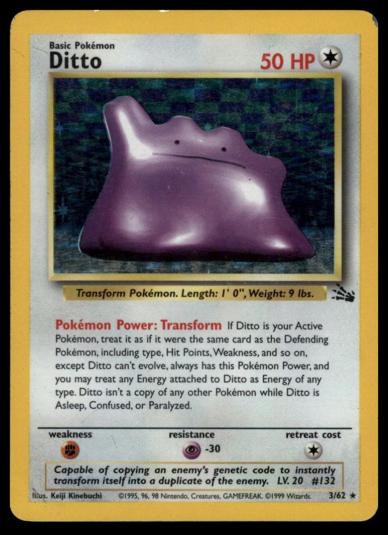 DITTO 3/62 RARE FOSSIL POKEMON UNLIMITED HOLO HP 1D