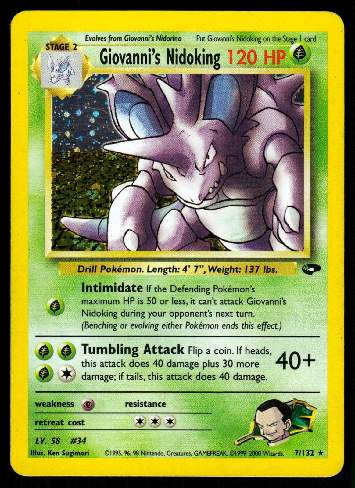 Giovanni's Nidoking 7/132 Unlimited Holo Rare Gym Challenge Pokemon LP