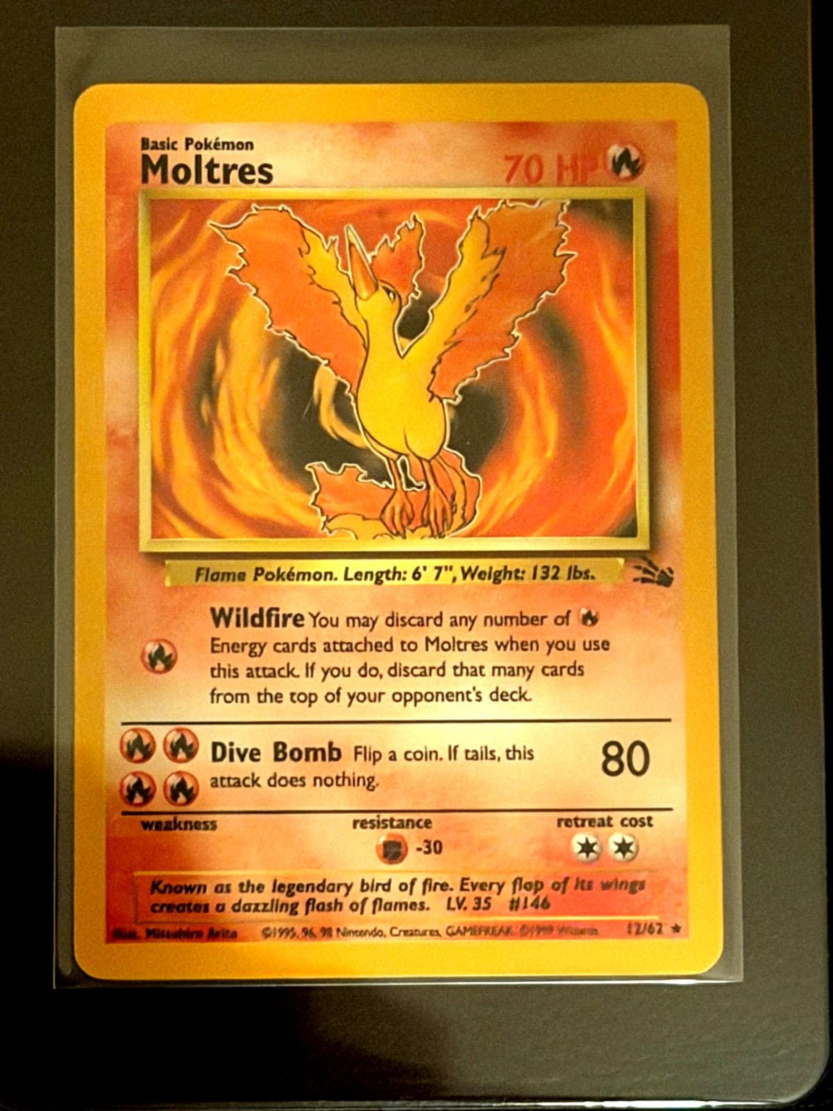 Moltres 12/62 Fossil Holo Rare WOTC Pokemon Card Unlimited 1999 Raw/NM