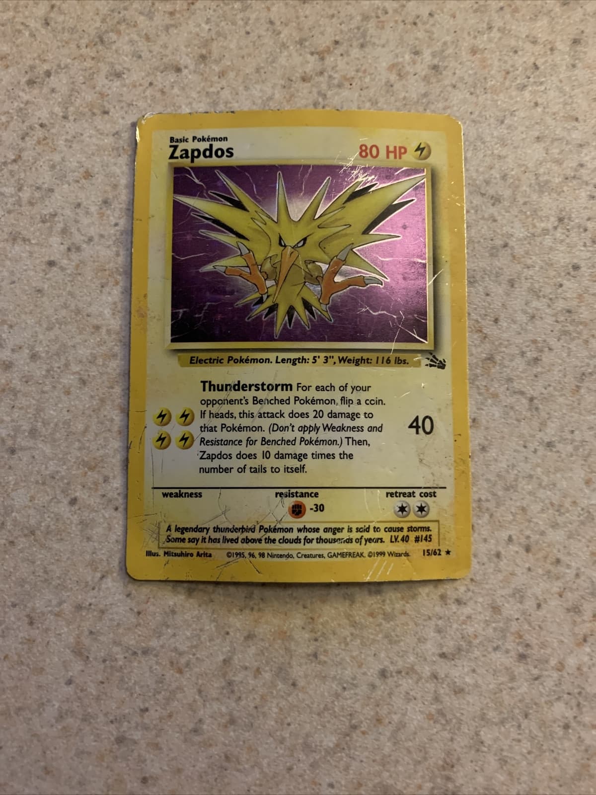 Zapdos 15/62 Fossil Holo Rare Pokemon Card HP