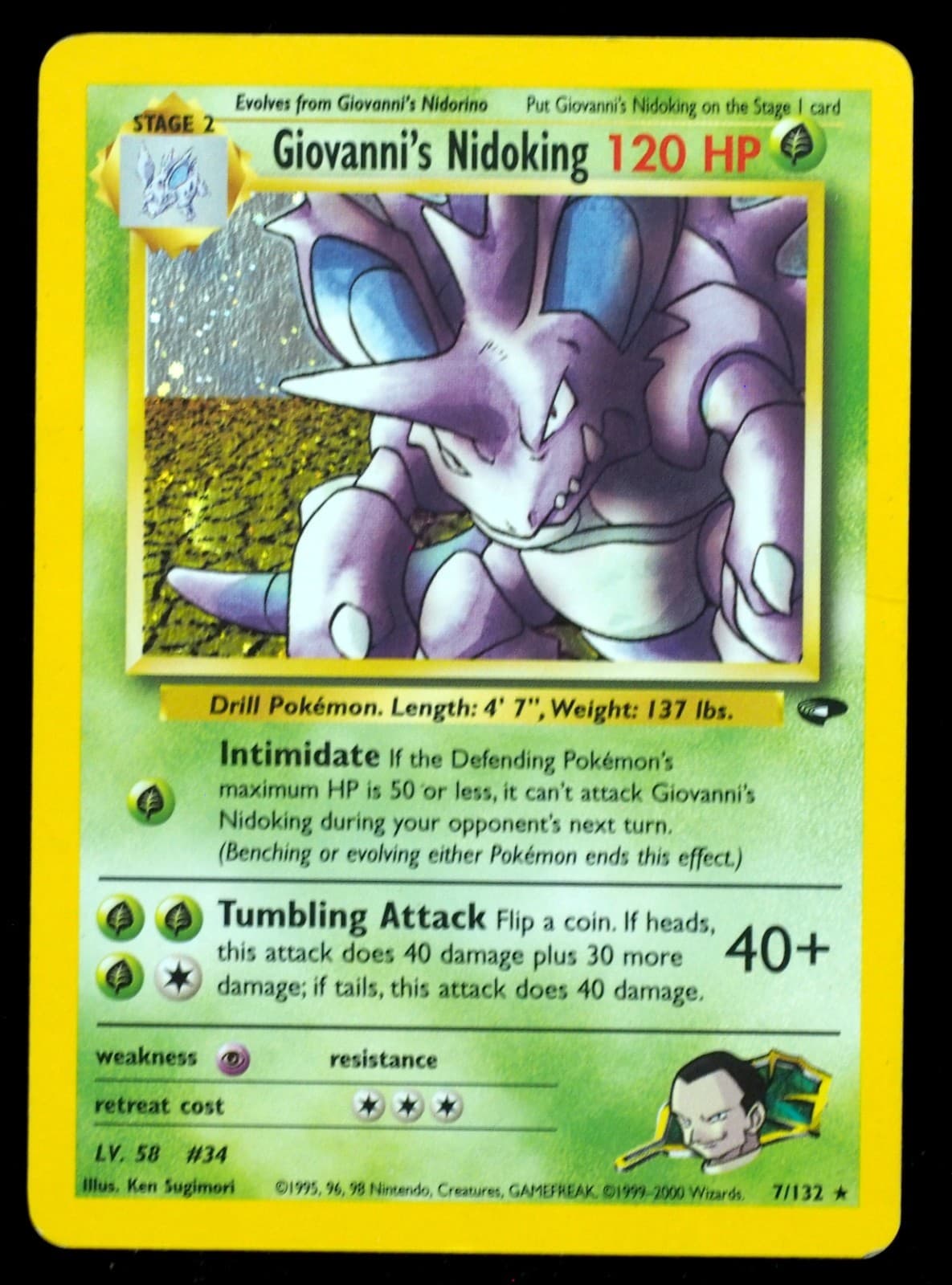 Giovanni's Nidoking #7/132 LP- Gym Challenge Pokemon Card Small Crease