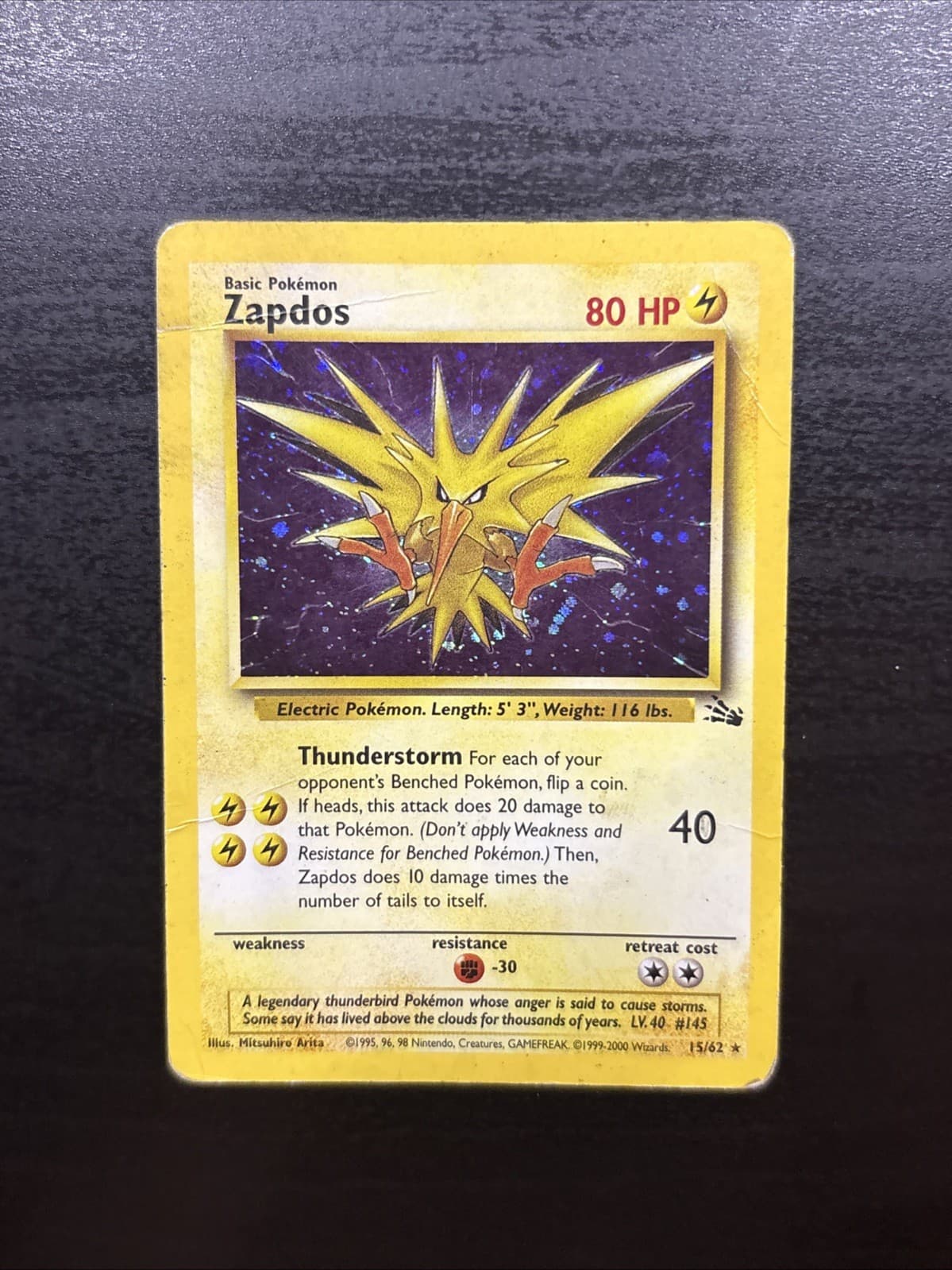 1999-2000 Base Set Fossil Zapdos 15/62 Holo Cosmos Thunderstorm Deck HP