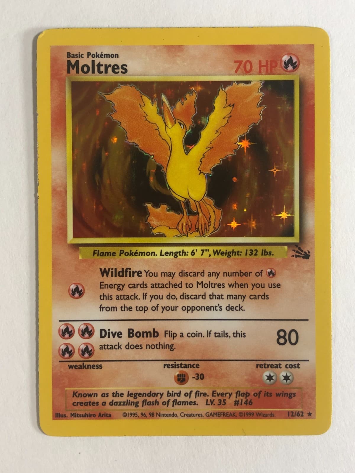 Pokemon TCG Fossil Set Holographic Moltres 12/62 Light Played