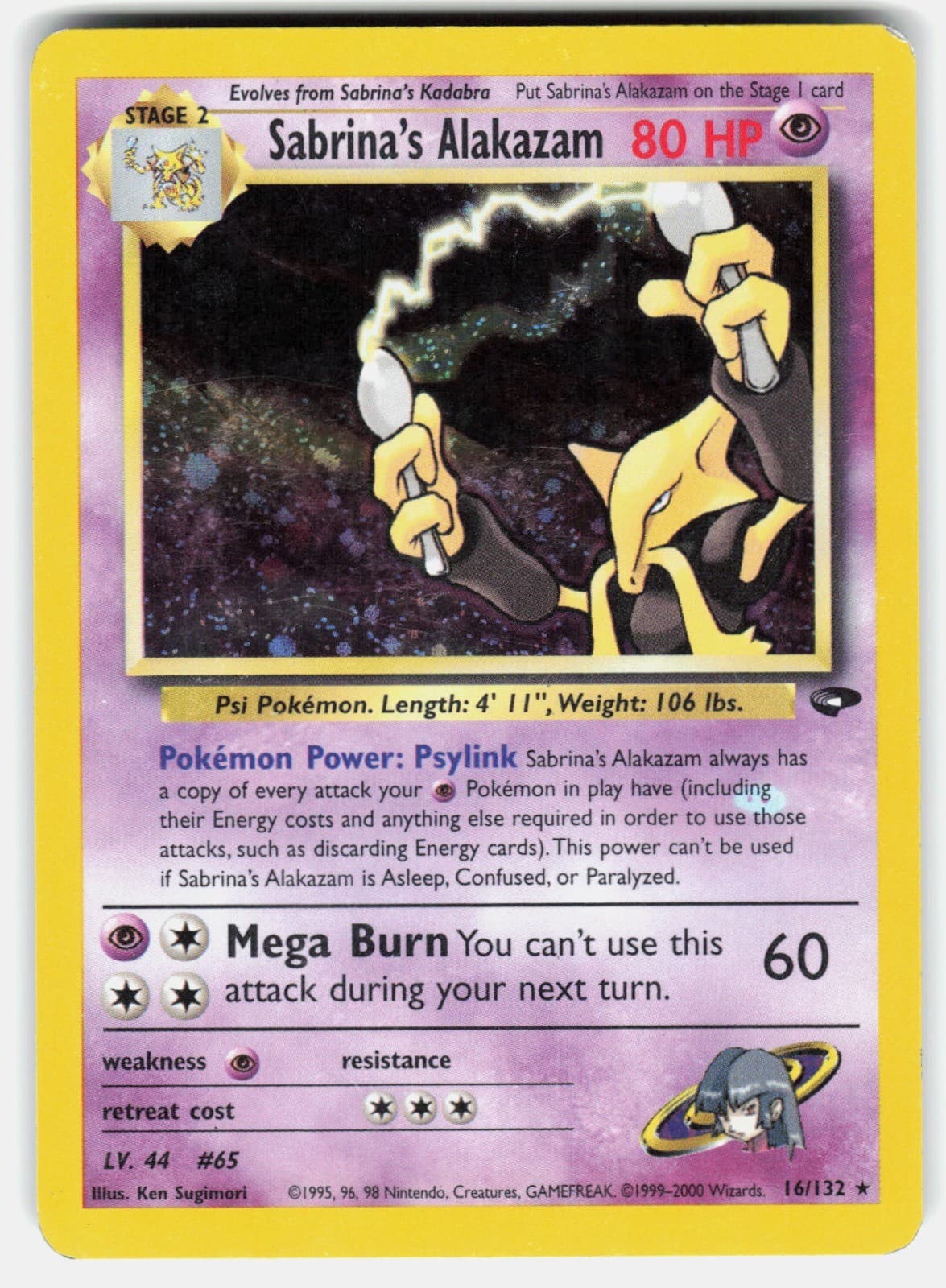 Sabrina's Alakazam Unlimited Holo Holo Gym Challenge 016/132 Blue Ink Error