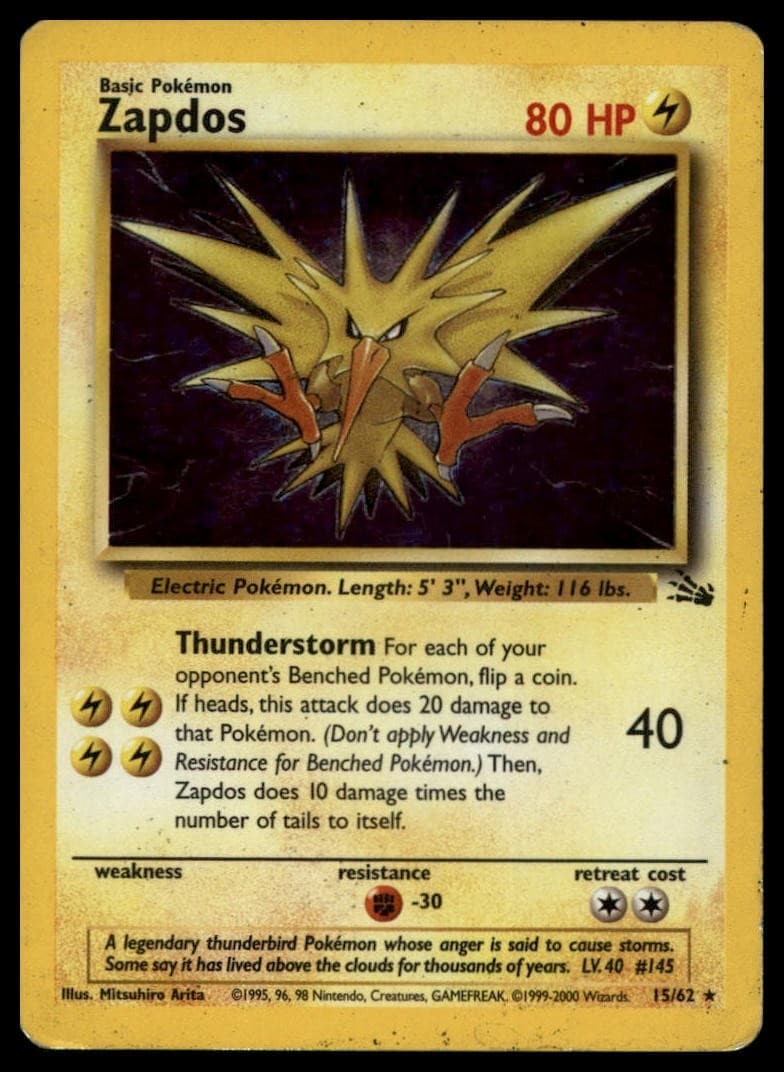 ZAPDOS 15/62 RARE FOSSIL POKEMON UNLIMITED HOLO HP 1D