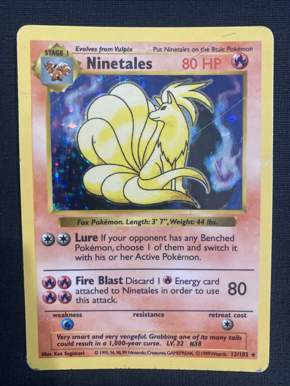 1999 Pokemon Base Set Ninetales Shadowless Card 12/102 MP Condition