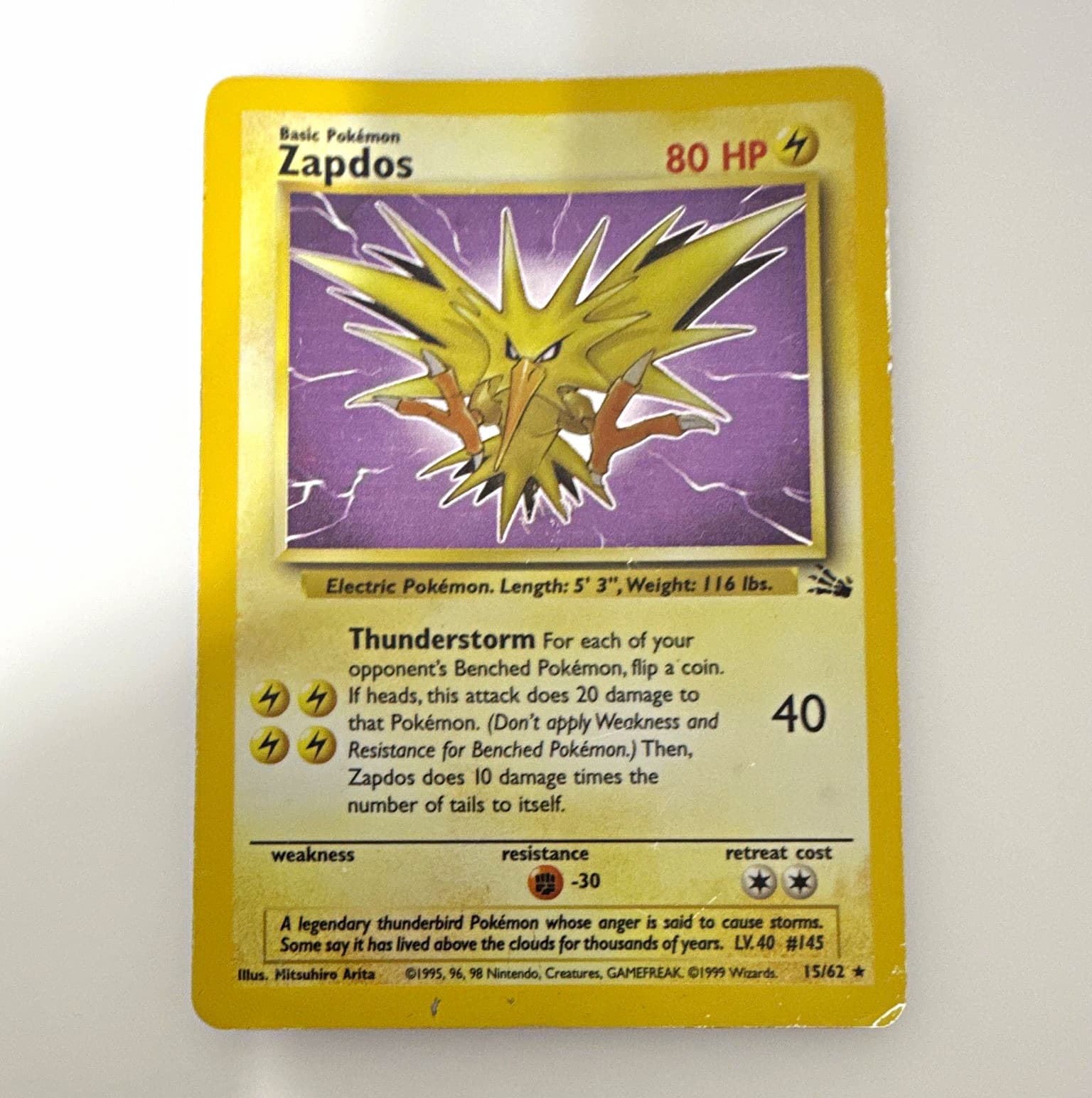 Wizards of the Coast Zapdos 15/62 Fossil Rare Regular Unlimited EN 1999