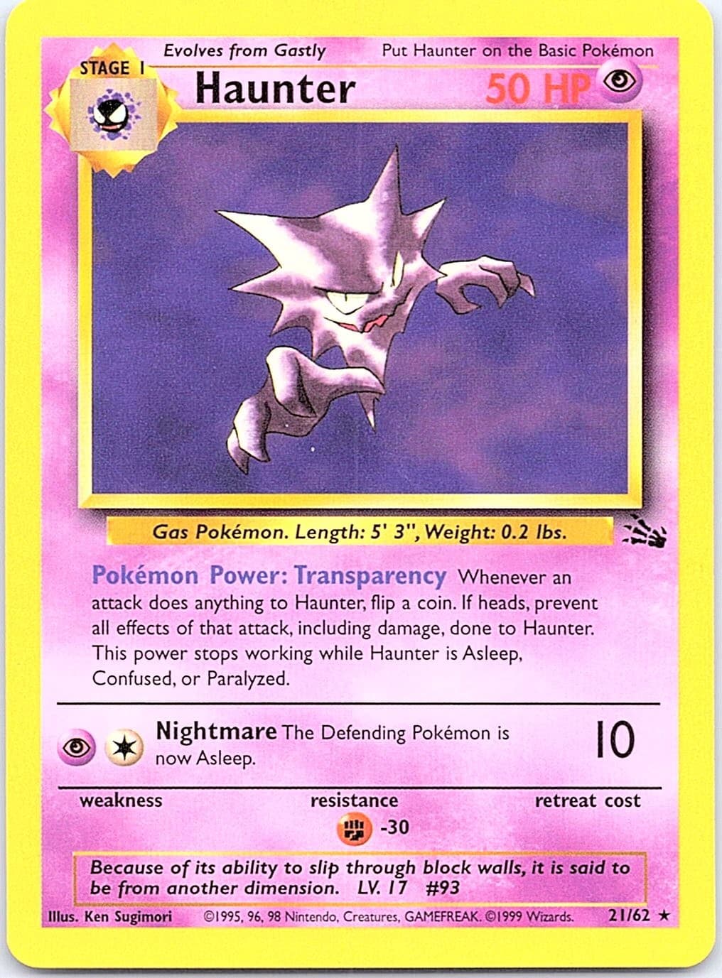 Haunter 21/62 Rare Fossil Pokemon Unlimited Near Mint