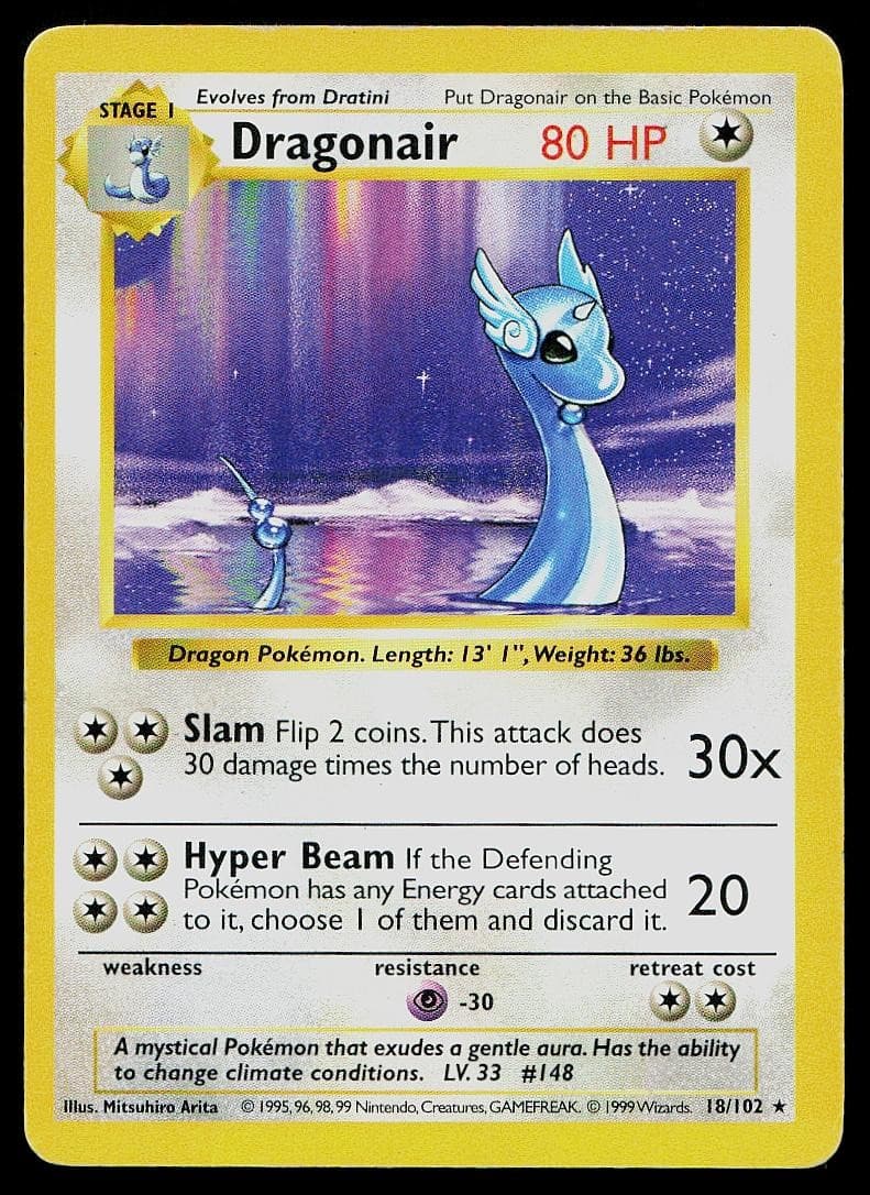 Pokemon Card Base Set Shadowless Dragonair 18/102 Unlimited Rare