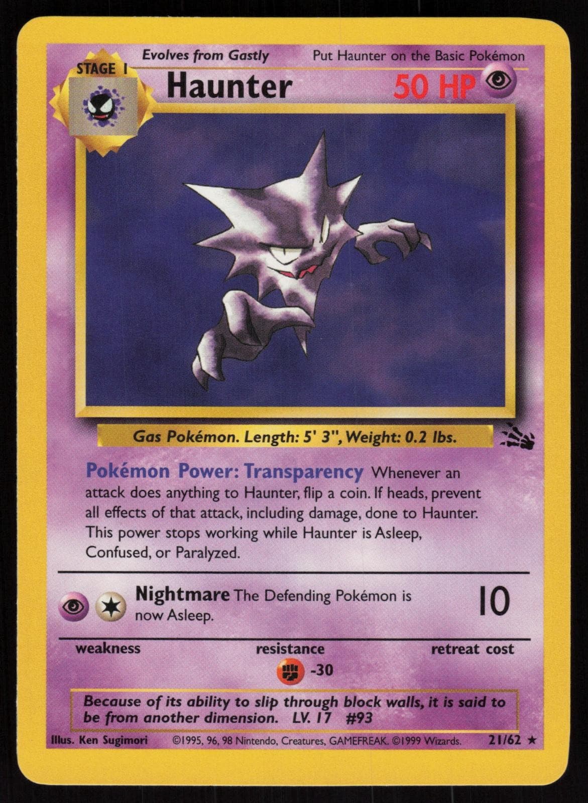 Haunter 21/62 Rare Fossil Pokemon Non Holo Unlimited Near Mint