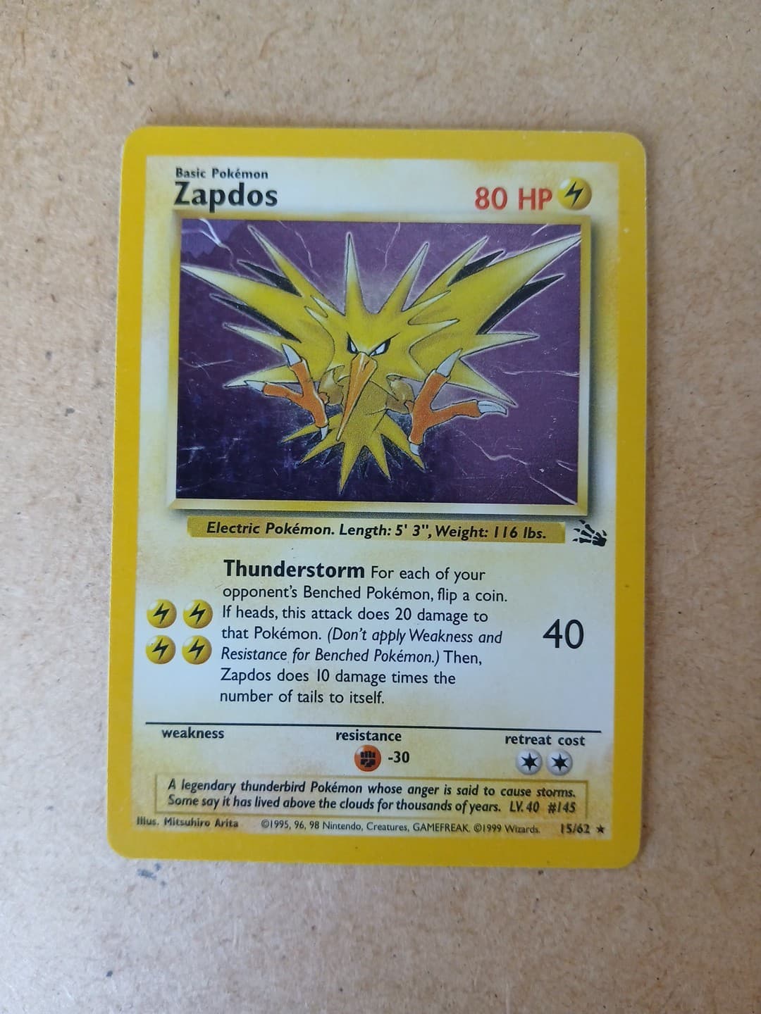 Pokemon TCG Zapdos 15/62 Fossil Holo MP Condition 
