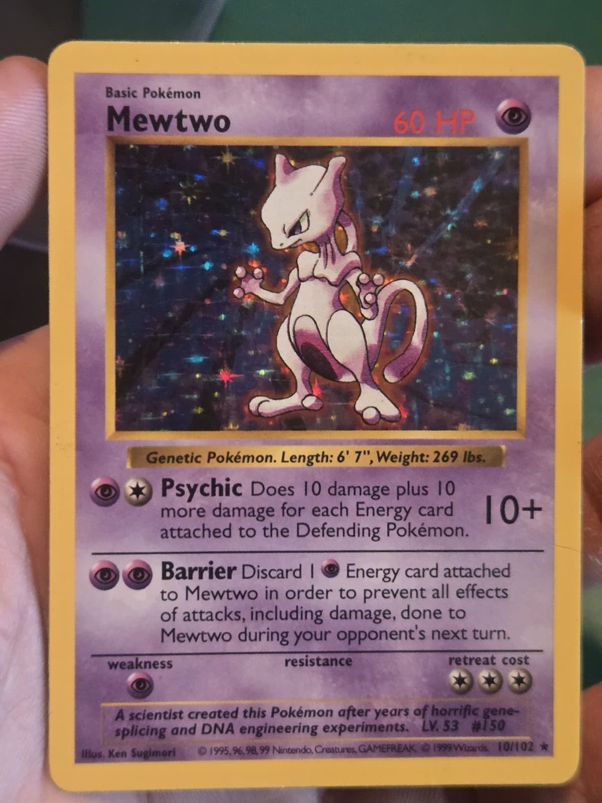 Pokemon TCG Base Set Shadowless Mewtwo Holo Rare #10/102 60 HP English 1999