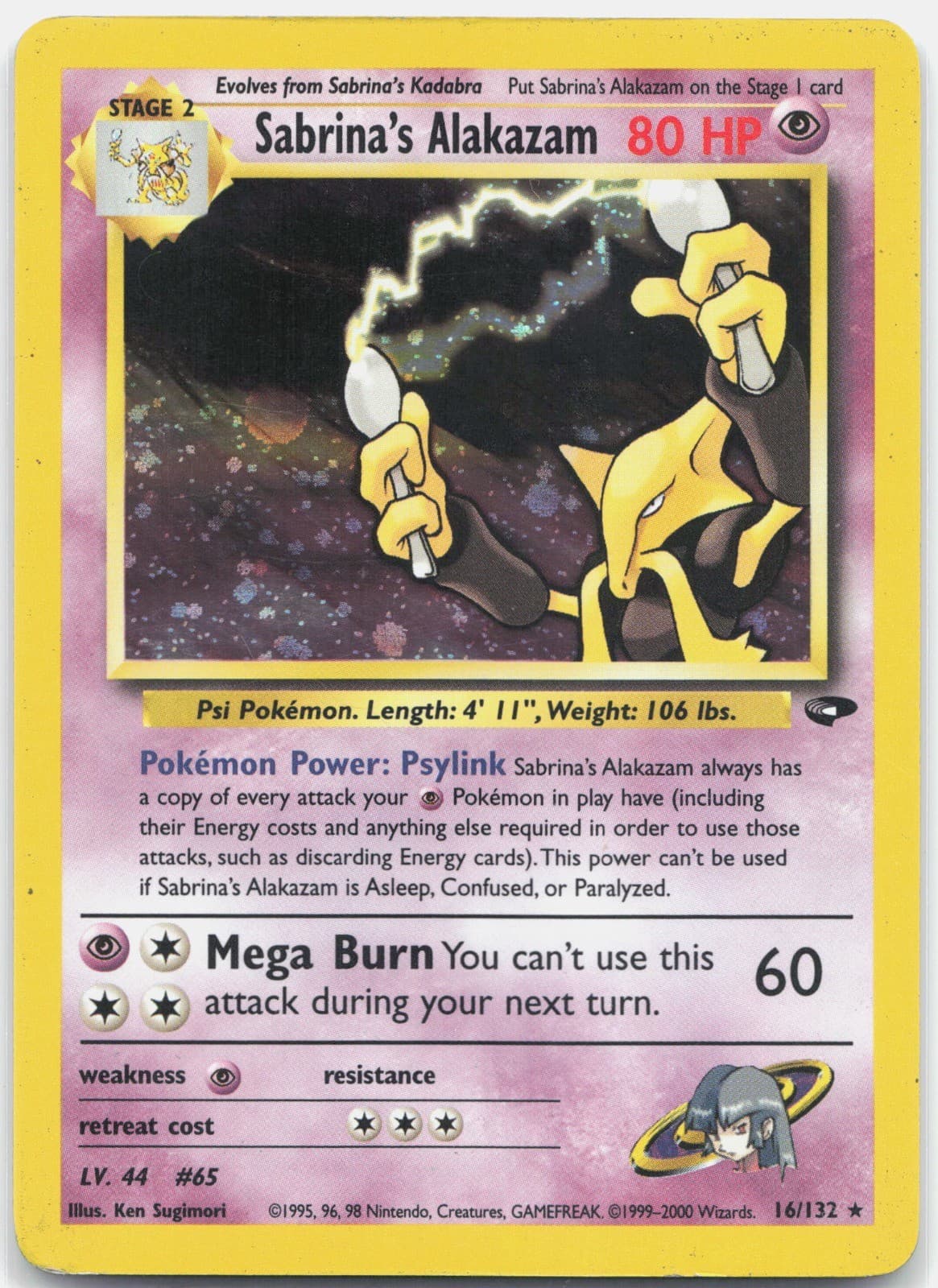 Sabrina's Alakazam Holo Rare Gym Challenge G2 Psychic Unlimited 016/132 2000 MP