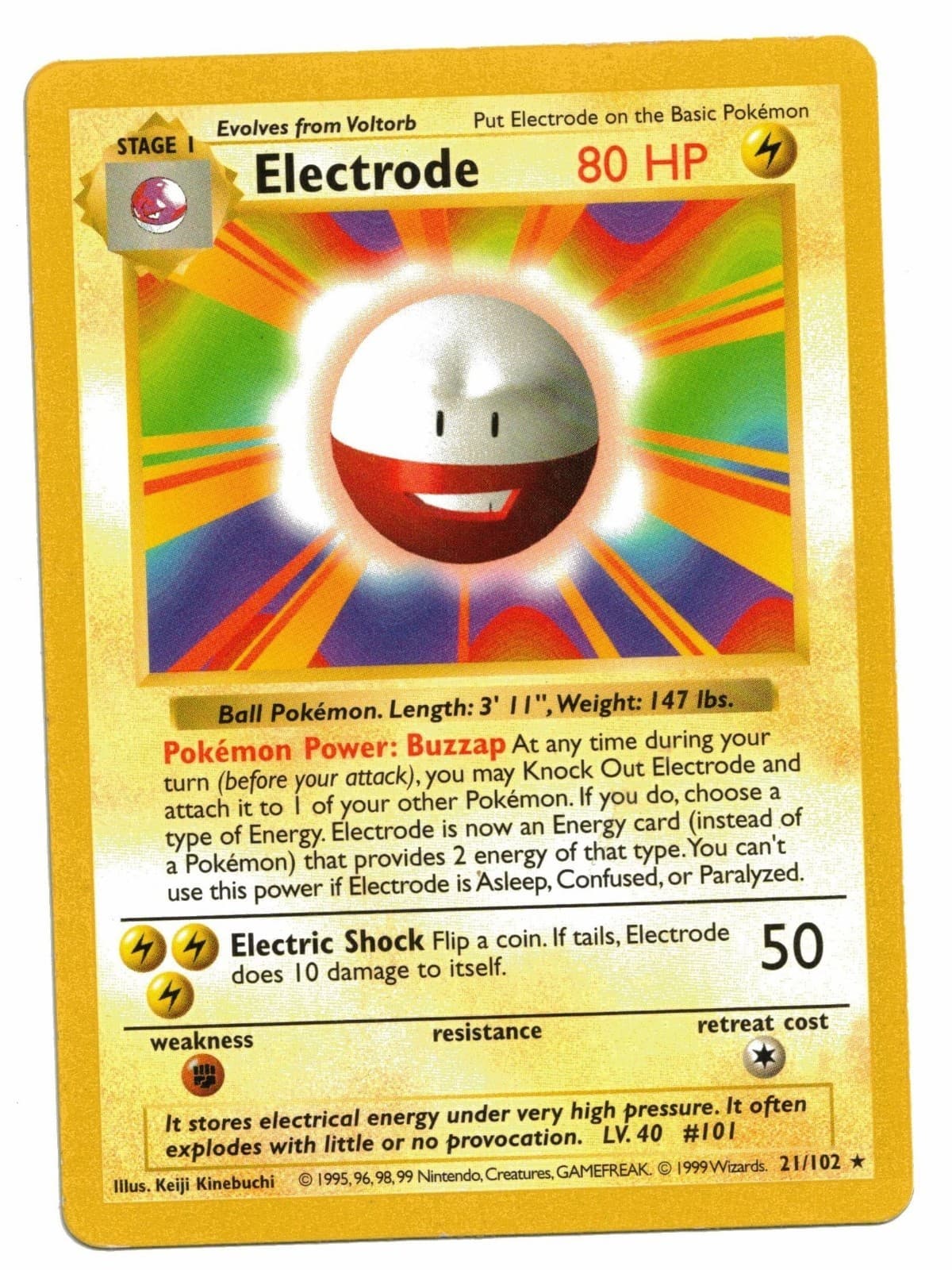 Pokemon Card: Electrode 21/102 Base Set Shadowless Rare! EXC