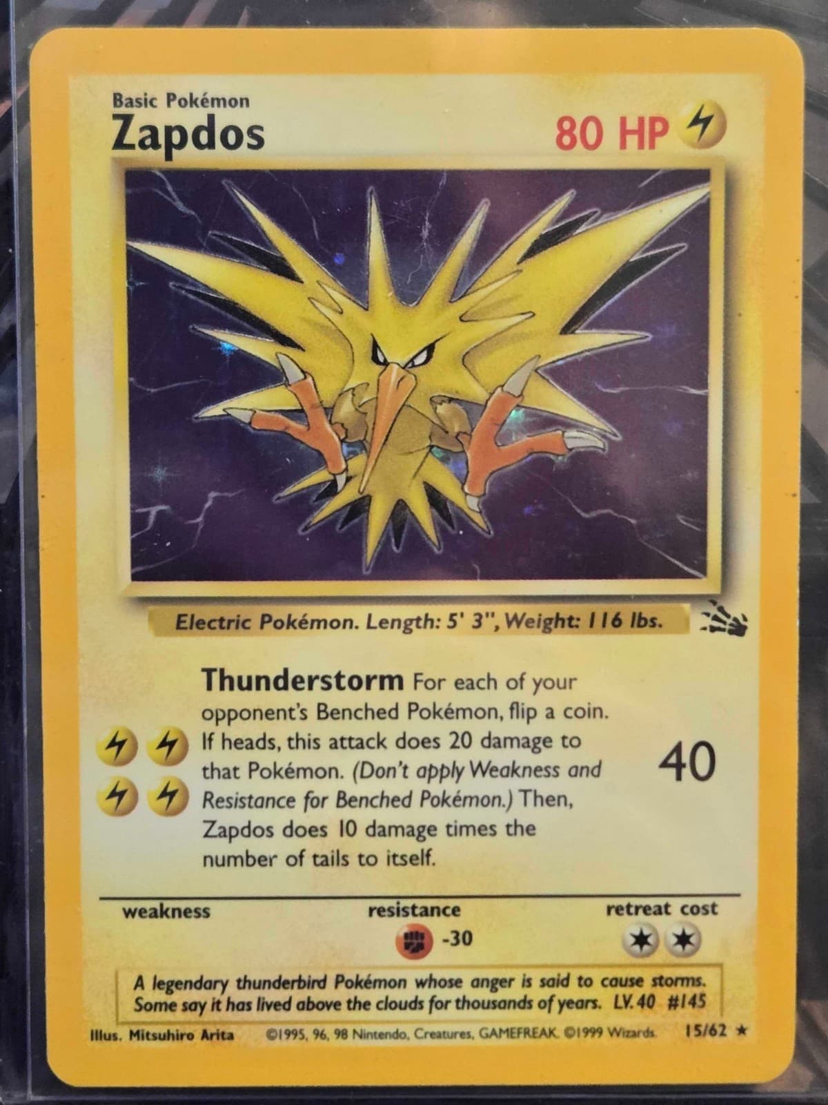 Pokemon TCG Zapdos 15/62 1999 Fossil Set Unlimited Holo Rare 15/62