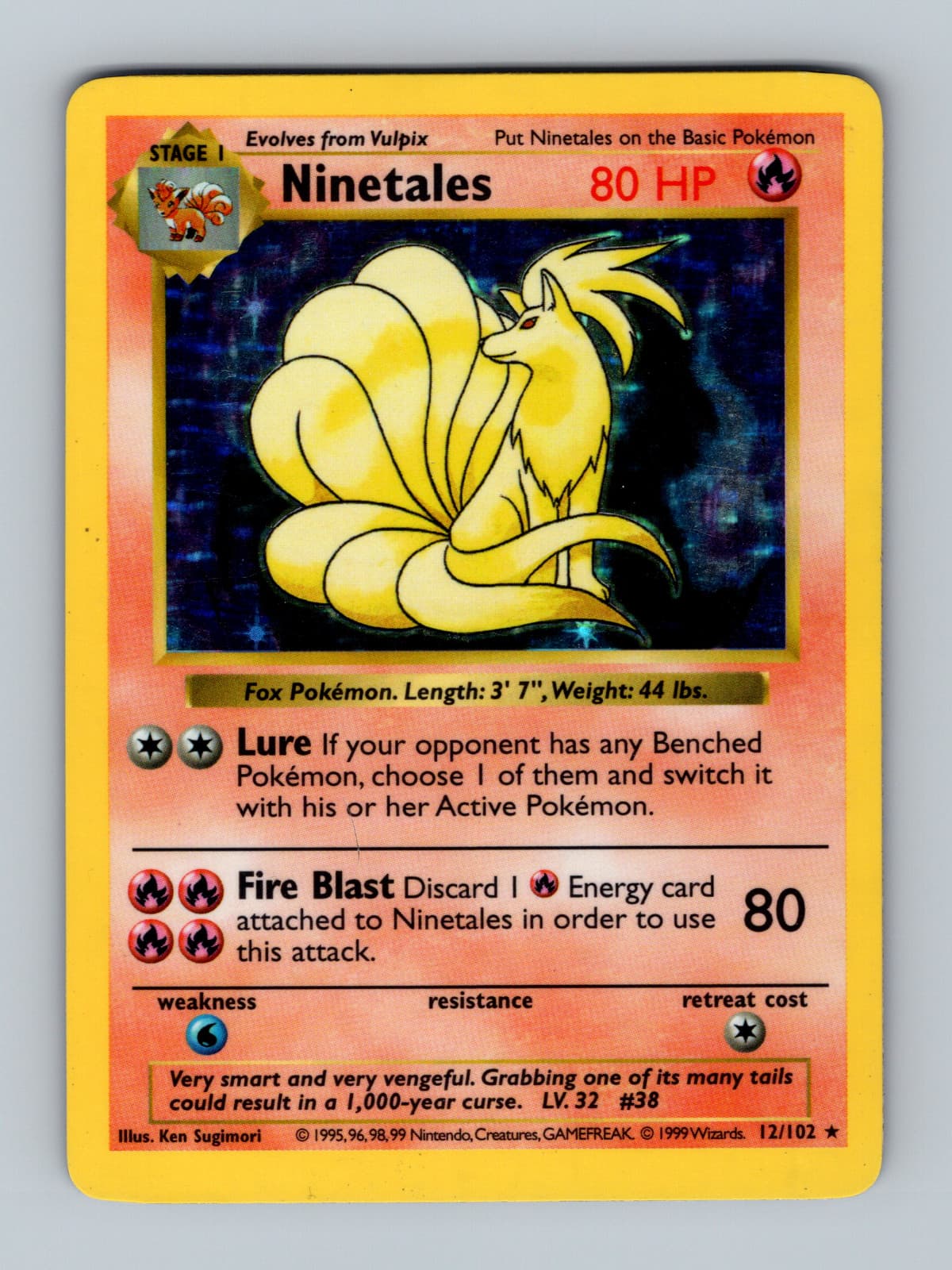 Ninetales 12/102 Base Set Shadowless Moderatly Played Holo Rare MP Pokemon 1999