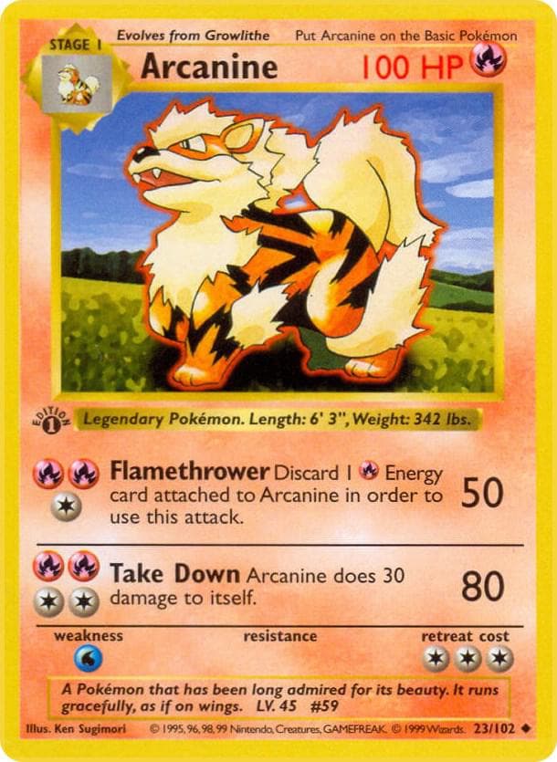 Arcanine #023/102 (Shadowless) — Base Set (Shadowless), complete card face