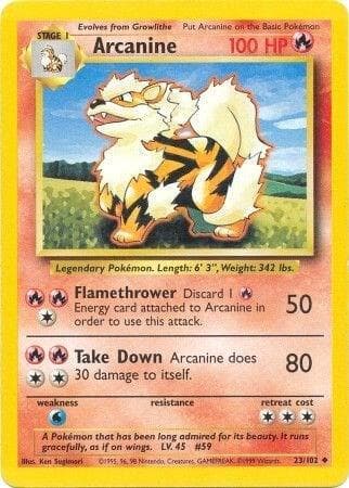 Arcanine #023/102 (Unlimited) — Base Set, complete card face