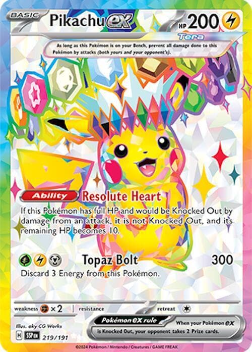 Pikachu ex 219/191 (Ultra Rare) — SV08: Surging Sparks, complete card face