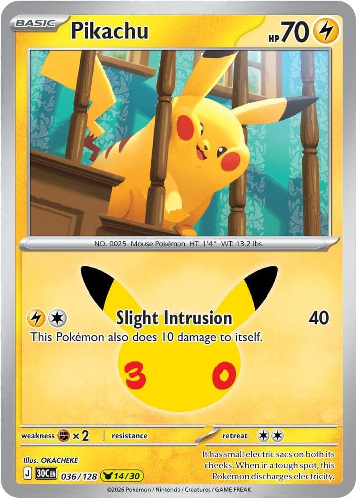 Pikachu #036/128 — ME: 30th Celebration, complete card face