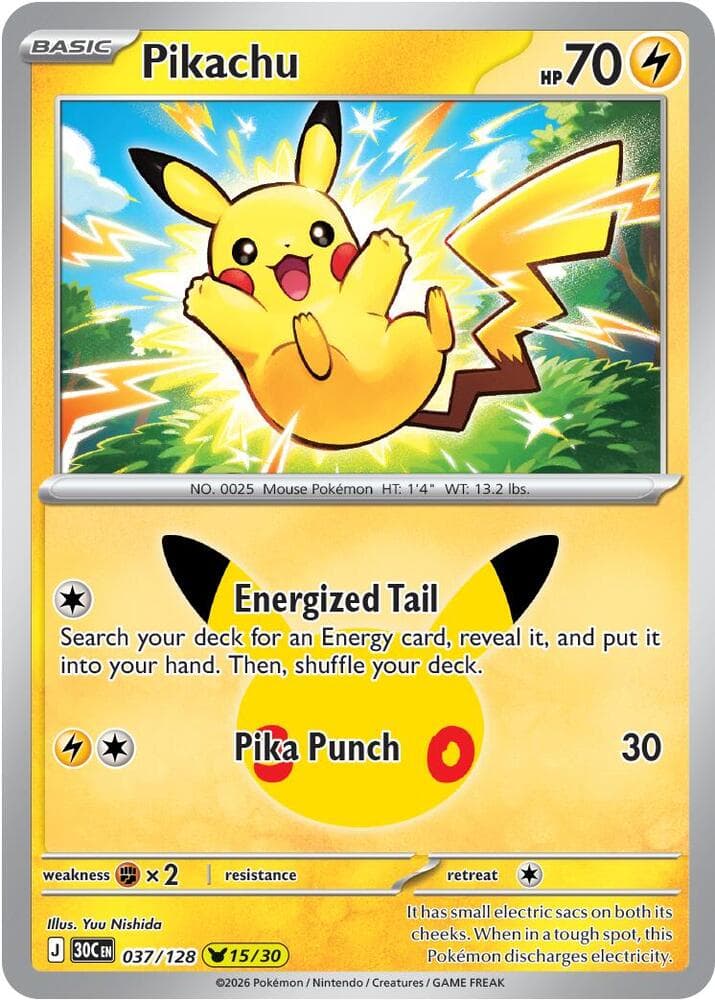 Pikachu #037/128 — ME: 30th Celebration, complete card face