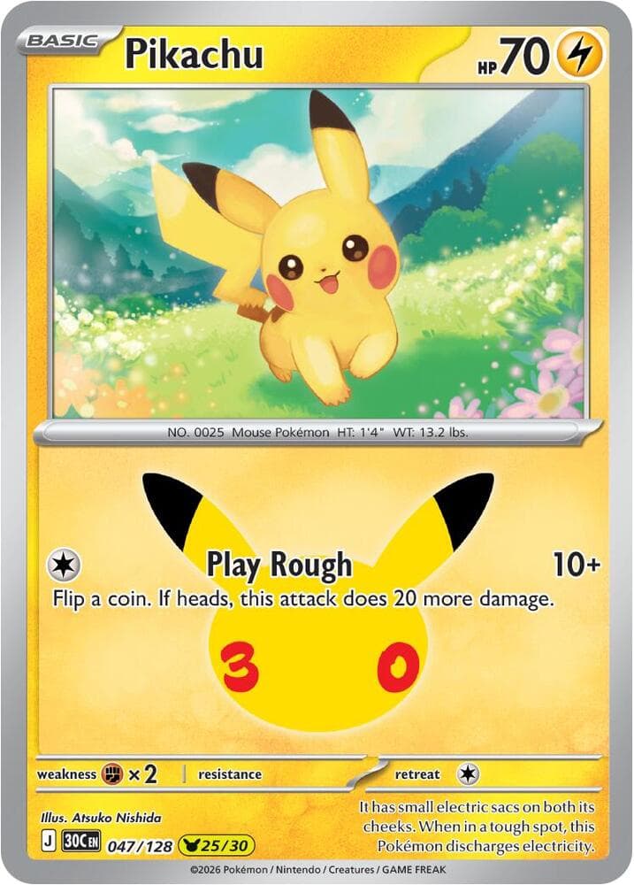 Pikachu #047/128 — ME: 30th Celebration, complete card face