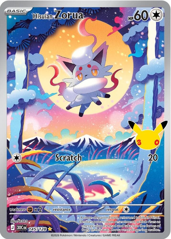 Hisuian Zorua #145/128 — ME: 30th Celebration, complete card face