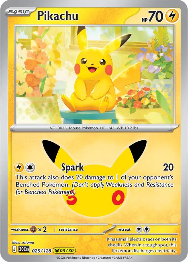 Pikachu #025/128 — ME: 30th Celebration, complete card face