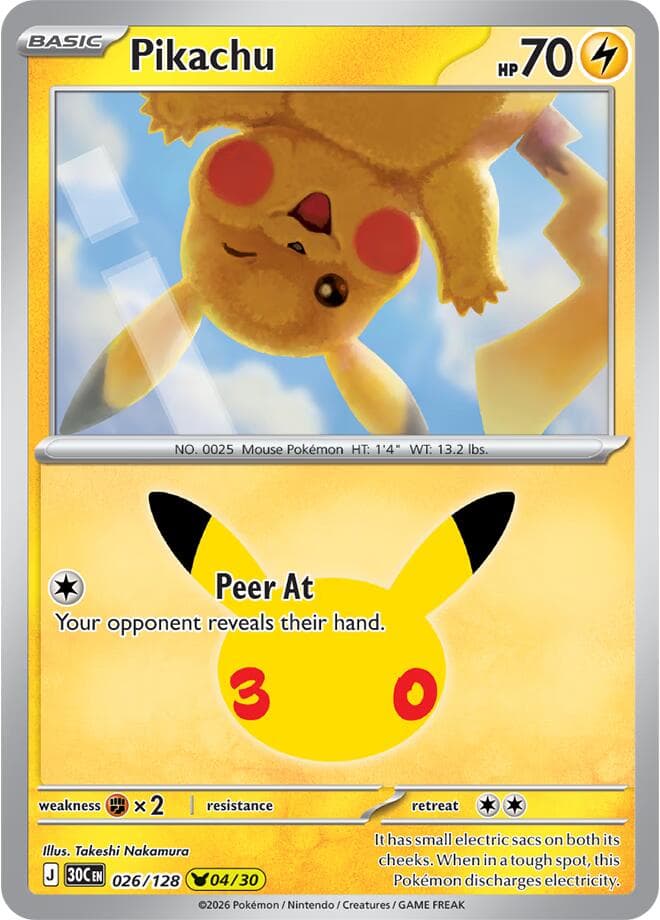 Pikachu #026/128 — ME: 30th Celebration, complete card face