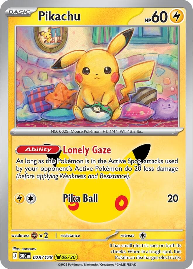 Pikachu #028/128 — ME: 30th Celebration, complete card face