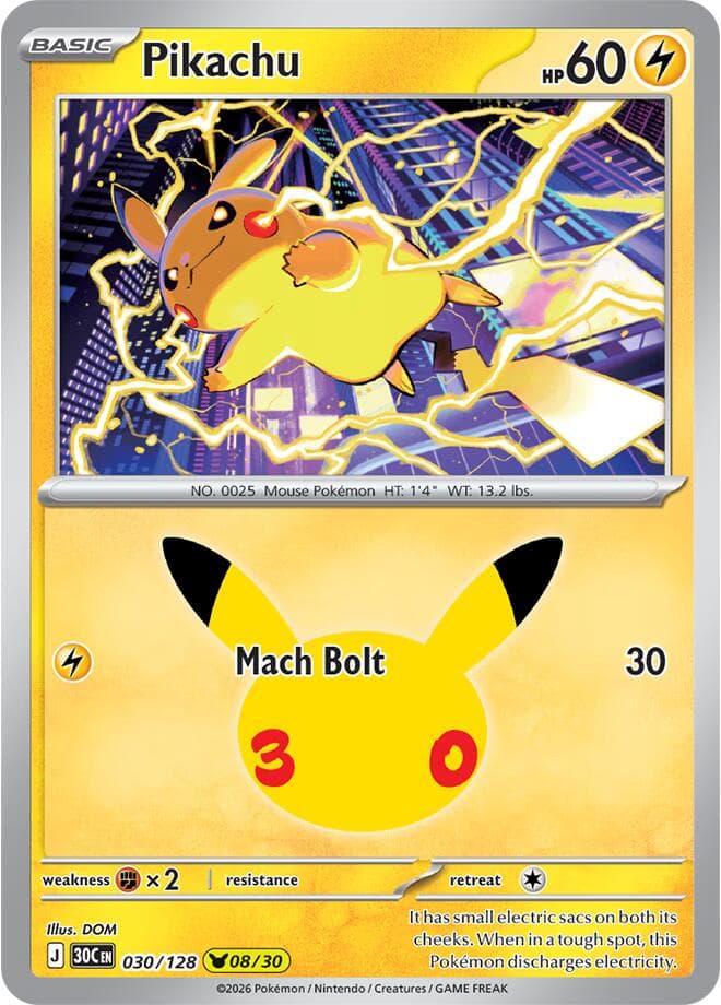 Pikachu #030/128 — ME: 30th Celebration, complete card face