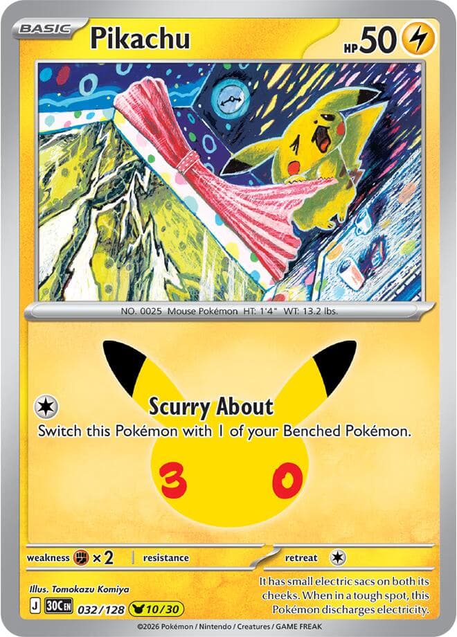 Pikachu #032/128 — ME: 30th Celebration, complete card face