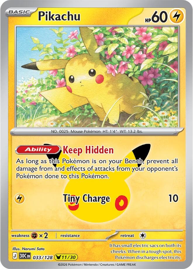 Pikachu #033/128 — ME: 30th Celebration, complete card face