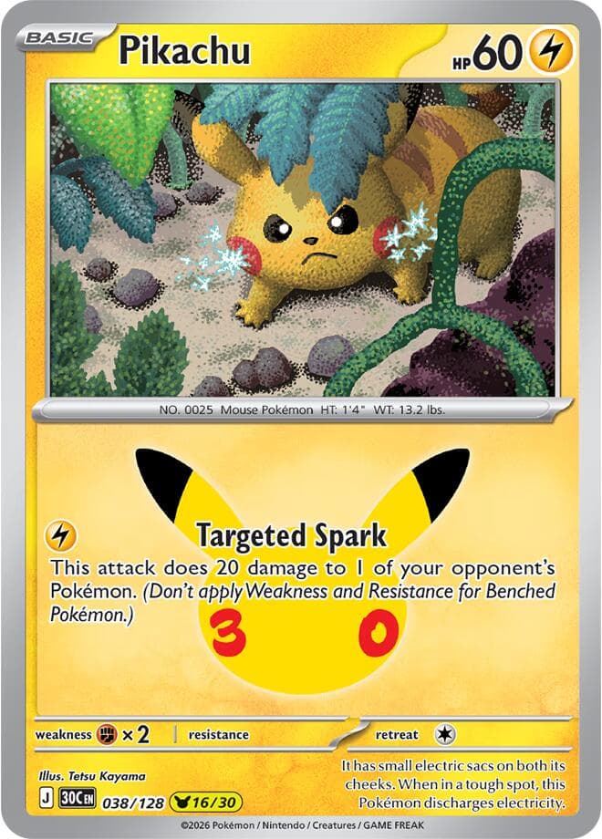 Pikachu #038/128 — ME: 30th Celebration, complete card face