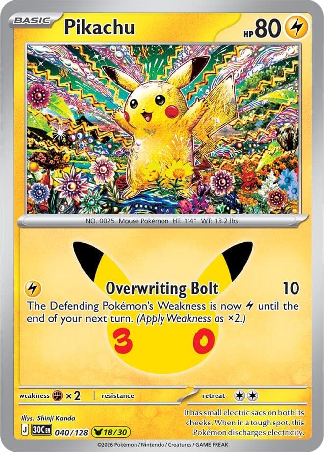 Pikachu #040/128 — ME: 30th Celebration, complete card face